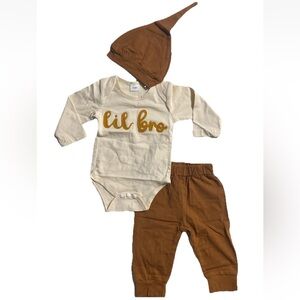 Baby Boy Lil Bro 3 Piece Outfit Long Sleeve Pants And Shirt Plus Hat 3-6 Mos.